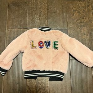 Truly Me Toddler Girls Fur Bomber Jacket with love appliqué sequin letters!